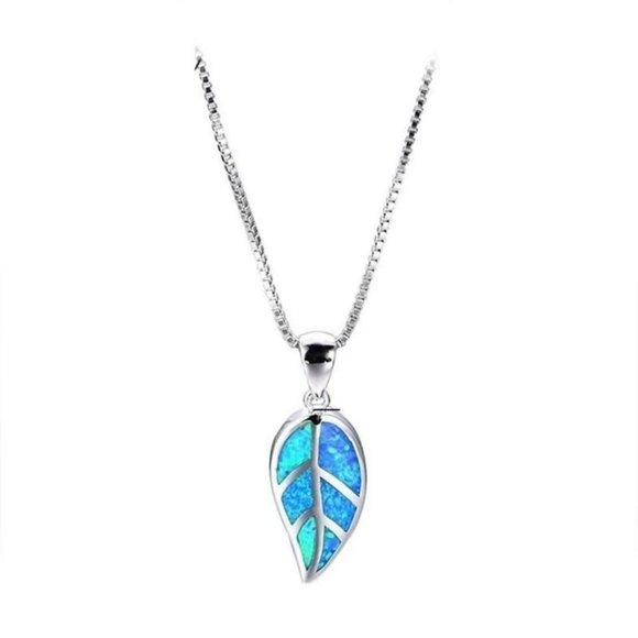 Blue Opal Leaf Silver Necklace & Chain - Picture 5 of 6